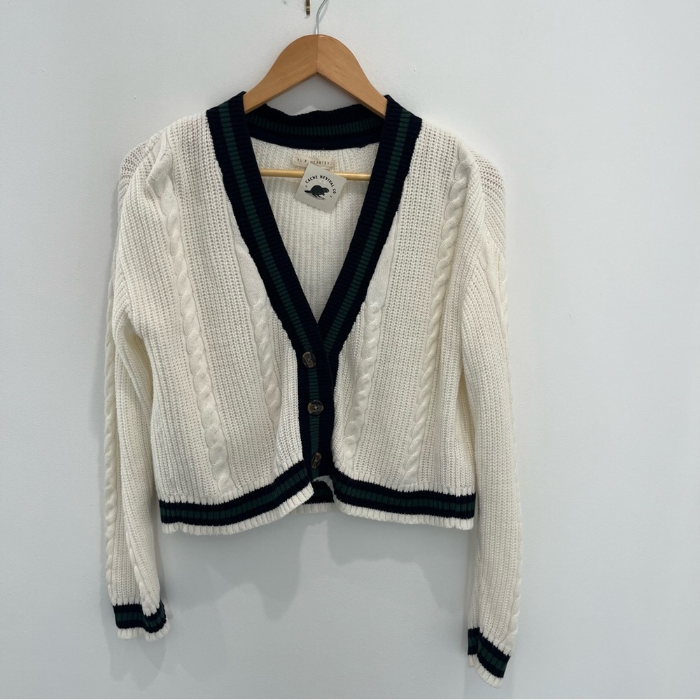 LA HEARTS White Cardigan Sweater with Black and Green Stripe | women’s xs